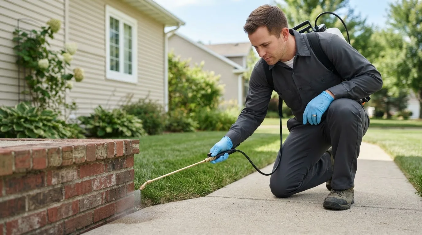 Pest control technician treating a home near West Baden Springs, IN