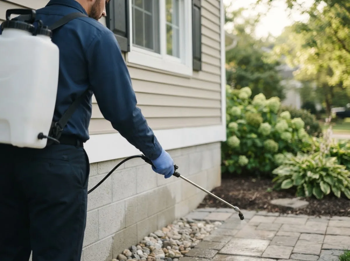 Pest control technician inspecting a home in West Baden Springs, IN